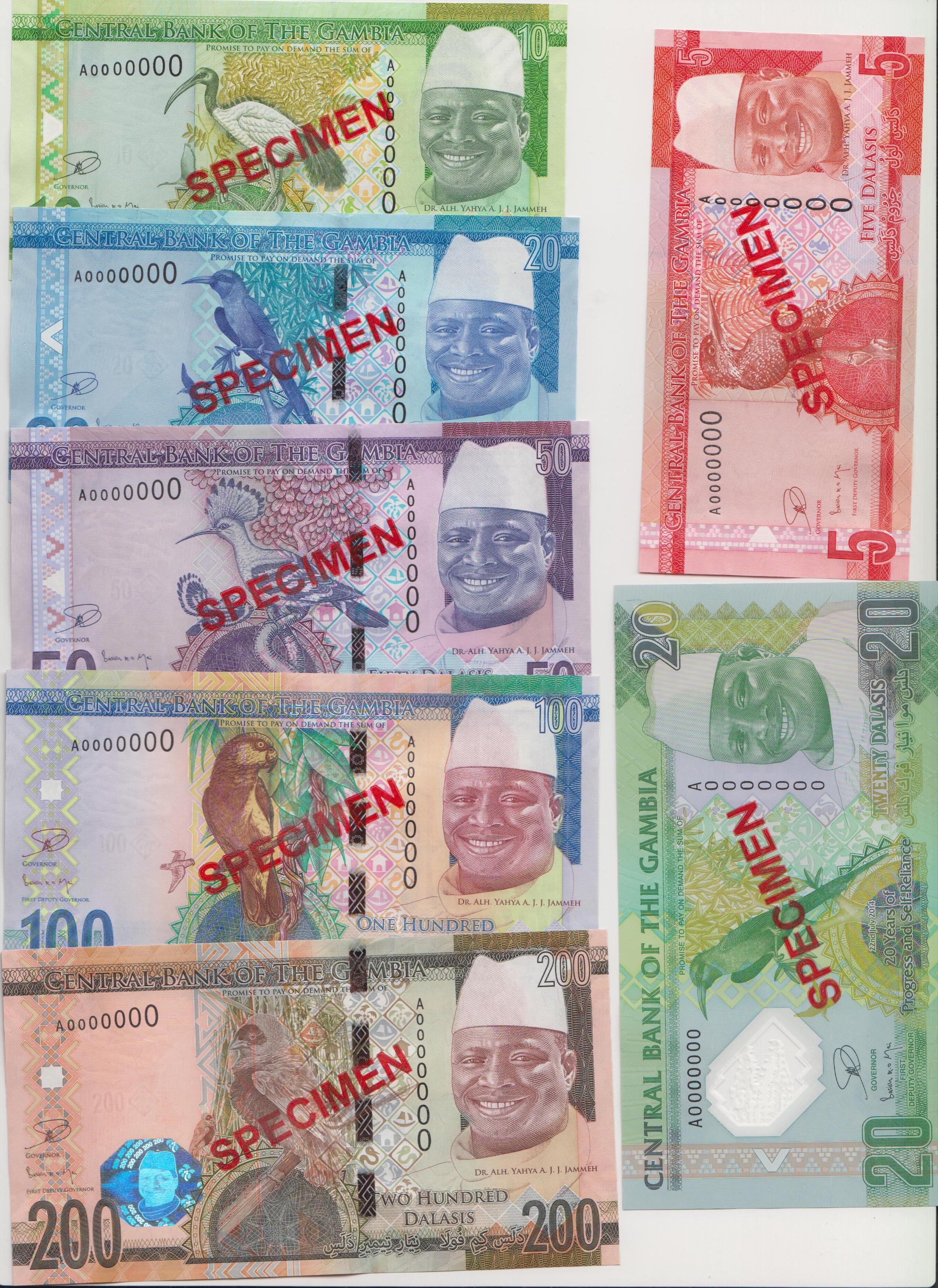 5, 10, 20, 20, 50, 100 and 200 Dalasi  UNC 7 Banknote Set