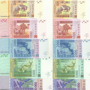500, 1000, 2000, 5000 and 10,000F Francs  UNC 5 Banknote Set