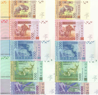 500, 1000, 2000, 5000 and 10,000F Francs  UNC 5 Banknote Set