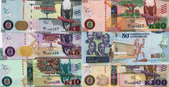 2, 5, 10, 20, 50 and 100 Kwacha  UNC 6 Banknote Set